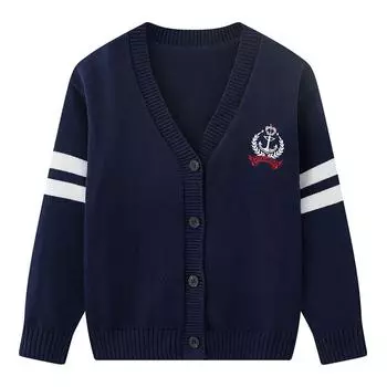 Вязаный кардиган с V-образным вырезом и вышивкой для детей среднего и старшего возраста, куртка с длинными рукавами, весенне-осенний хлопковый вязаный кардиган для мальчиков и девочек 90cm