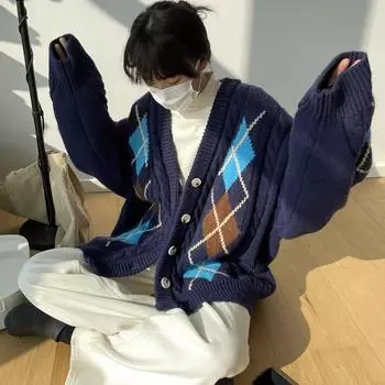 Вязаный кардиган с V-образным вырезом и узором в виде аргайла, женский простой универсальный женский свитер, пальто, осень-зима, повседневный шикарный топ XL
