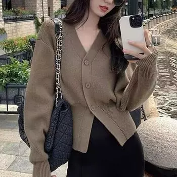 Вязаный кардиган с V-образным вырезом и длинным рукавом, свитер, куртка женская, весна и осень, длинные рукава, простые короткие пальто, однотонная облегающая одежда 2090 One Size белый