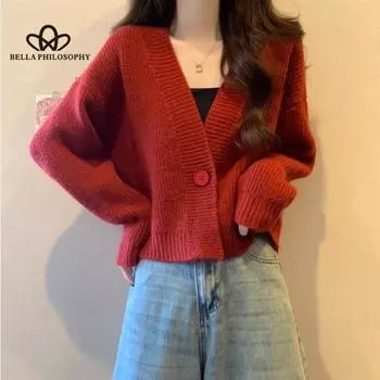 Вязаный кардиган с V-образным вырезом, женская осенняя свободная куртка, короткий свитер, новый топ, женский повседневный свитер One size fits all красный