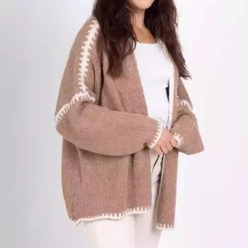 Вязаный кардиган с V-образным вырезом, женский свободный мягкий тканевый шикарный теплый свитер с длинными рукавами, вязаное пальто, дизайн «столкновение цветов», осень и зима S чёрный