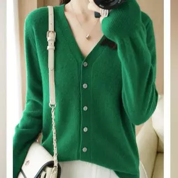 Вязаный кардиган с V-образным вырезом, женский однотонный свитер с длинными рукавами и пуговицами, куртка M чёрный