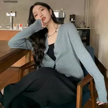 Вязаный кардиган с v-образным вырезом женский весна 2023 однотонный корейский вариант свободного кроя и универсальный короткий свитер женский топ One Size серый