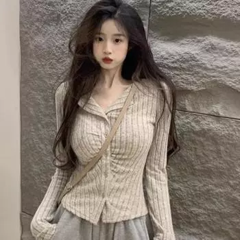 Вязаный кардиган с воротником Майяра, женская весна-осень, пикантная девушка, облегающий топ, нестандартная тонкая футболка, маленькие свежие футболки для женщин S