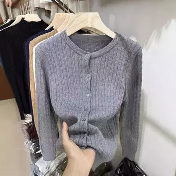 Вязаный кардиган с вышивкой в виде пони в стиле «старые деньги» для женщин, осень, зима, ранняя весна, винтажный красный белый свитер с круглым вырезом, куртка One size серый