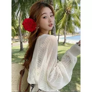 Вязаный кардиган с защитой от солнца Ice Silk, верхняя одежда для женщин, летний тонкий жилет, шаль с юбками, рубашка в стиле вестерн для улицы All yards белый