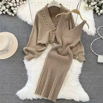 Вязаный кардиган со шнуровкой и бусинами в стиле ленивой моды, женский свитер, куртка, утягивающее платье-комбинезон, комплект из двух предметов, плотный One Size хаки