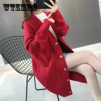 Вязаный кардиган средней длины, свободный свитер, пальто, женское утепленное пальто на весну и осень S зелёный