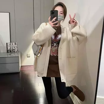 Вязаный кардиган-свитер для женщин, весна-осень 2023, повседневный свитер с длинными рукавами и v-образным вырезом, кардиган, женские топы One Size чёрный