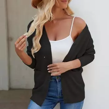 Вязаный кардиган свитер осень и зима V-образный вырез длинный рукав однотонный однобортный женский вязаный свитер L чёрный