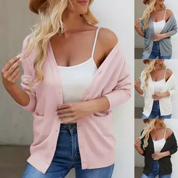 Вязаный кардиган свитер осень и зима V-образный вырез длинный рукав однотонный однобортный женский вязаный свитер L чёрный