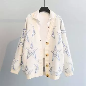 Вязаный кардиган-свитер-пальто женский, осень-зима 2022, свободный топ средней длины с вышивкой в виде пятиконечной звезды One Size бежевый