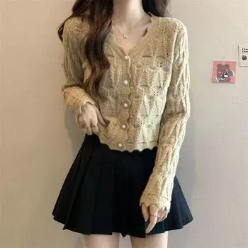 Вязаный кардиган, свитер с длинными рукавами для женщин, весна 2023, однотонный повседневный дизайн, свитер с v-образным вырезом, кардиган, пальто, женский топ One Size чёрный