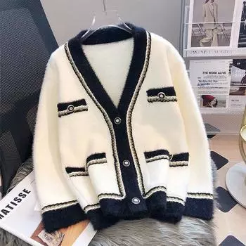 Вязаный кардиган, свитер, верхняя одежда для женщин, осень и зима 2023, высококачественный красивый зарубежный свитер, женский кардиган One Size чёрный