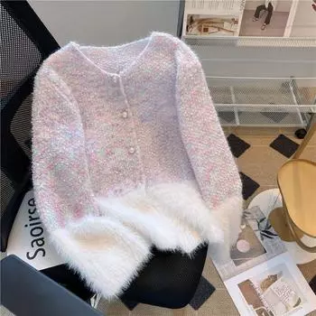 Вязаный кардиган-свитер женский 2023 осень и зима имитация норки с v-образным вырезом небольшой аромат верхняя одежда кардиган-свитер женский топ One Size фиолетовый