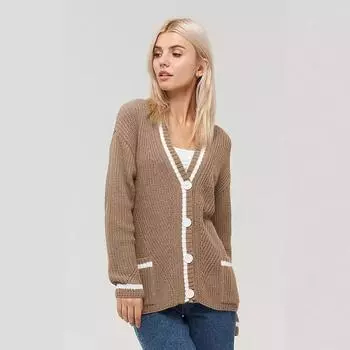 Вязаный кардиган свитер женский осень и зима V-образный вырез карманы цветные блоки вязаный свитер с длинными рукавами пальто женский S серый