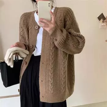 Вязаный кардиган свитер женский осень и зима свободная верхняя одежда женские кардиганы куртка мода длинный рукав круглый вырез трикотаж кардиганы пальто 24922 One Size белый