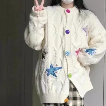 Вязаный кардиган, свитер, женский весенне-осенний свитер со звездами, новый высококачественный свободный зарубежный свитер с длинными рукавами, кардиган, женское пальто One Size белый