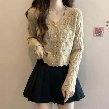 Вязаный кардиган, свитер, женский весенне-осенний свитер с длинным рукавом, темпераментный дизайн, однотонный свитер с v-образным вырезом, кардиган, женский топ One Size чёрный