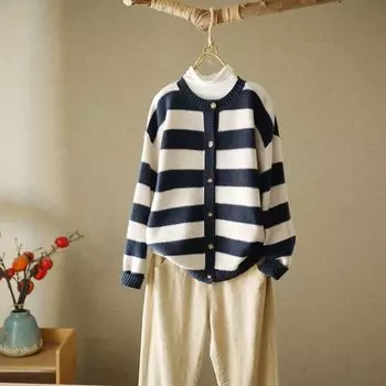 Вязаный кардиган в контрастную полоску, женский свитер 2023, свободный повседневный универсальный кардиган с круглым вырезом и длинными рукавами, женское пальто