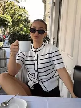 Вязаный кардиган в полоску, свитер для женщин, с круглым вырезом и коротким рукавом, однобортный женский трикотаж, осенние элегантные повседневные женские топы S чёрный