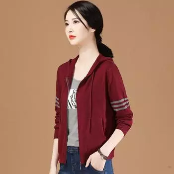 Вязаный кардиган в полоску в стиле ретро с капюшоном и длинными рукавами, свободная весенне-осенняя женская куртка-свитер M