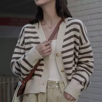 Вязаный кардиган в полоску, женский топ, новый аромат, свободный короткий дизайн, свитер, пальто, осень 2022, свитер с длинными рукавами, женский кардиган