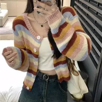 Вязаный кардиган в радужную полоску, свитер, пальто, женский, осенний, нежный, свободный, с круглым вырезом, короткий, повседневный, модный и универсальный One Size