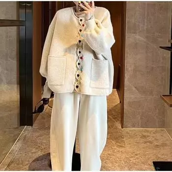 Вязаный кардиган Wave Edge с круглым вырезом и длинными рукавами, женский, свободный, осень-зима бежевый