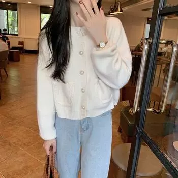 Вязаный кардиган, верхний свитер, пальто, универсальный круглый вырез, корейский карман на пуговицах, верхняя одежда, вязаный кардиган, женский свитер One Size небесно-голубой