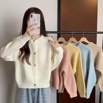 Вязаный кардиган Xiaoxiangfeng для женщин на осень и зиму, новый стиль, милый и ленивый стиль, короткая утолщенная куртка-свитер для невысоких людей One Size