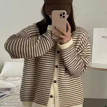 Вязаный кардиган женский 2022, цвет меньшинства, контрастная полоска, свободный ленивый ветер, океанский воздух, раннее осеннее пальто, женский свитер, пальто