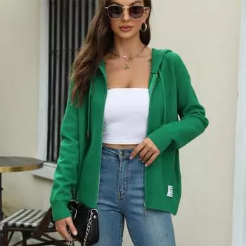 Вязаный кардиган женский однотонный свитер с капюшоном на молнии вязаный свитер осень и зима свитер на завязках кардиган куртка женский S красный