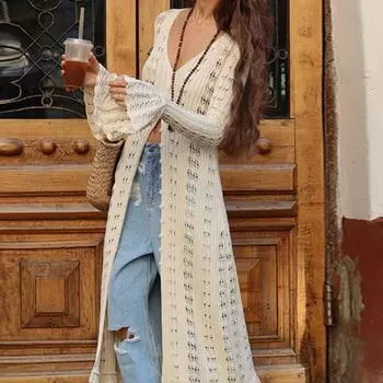 Вязаный кардиган женский однотонный свободный V-образный вырез на пуговицах с расклешенными рукавами женский свитер осенний элегантный плиссированный женский свитер S абрикосовый