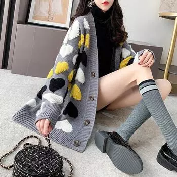 Вязаный кардиган женский осень и зима свободный ленивый ветер любовь свитер куртка женский удобный универсальный и модный One Size серый