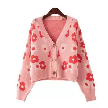 Вязаный кардиган женский осень и зима свободный короткий срез цветы V-образный вырез длинный рукав свитер женский удобный универсальный и модный One Size розовый