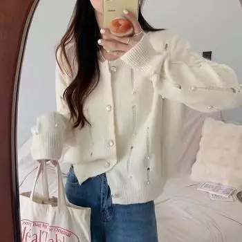 Вязаный кардиган женский осенне-зимний новый дизайн сенсация тяжелая промышленность бисерный свитер куртка нежный ветер мягкий восковой верх прилив One size бежевый