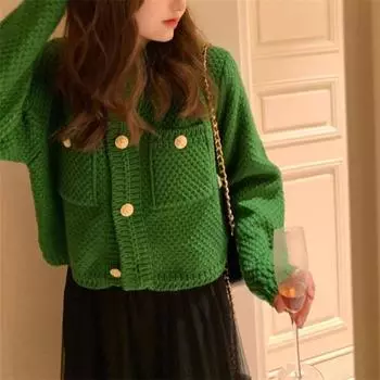 Вязаный кардиган женский осенне-зимний новый маленький ароматный свитер свободный длинный рукав круглый вырез карман топ пригородная куртка оптовая продажа One Size (85-62.5 kg) зелёный