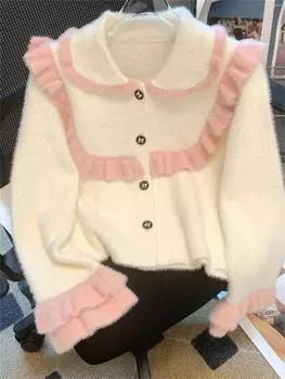 Вязаный кардиган женский осенне-зимний новый модный однобортный повседневный кардиган милый свитер с воротником Питера Пэна One Size чёрный