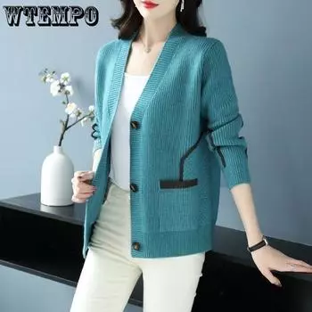 Вязаный кардиган женский осенне-зимний V-образный вырез вязаный свободный и простой свитер куртка универсальный топ M оранжевый