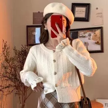 Вязаный кардиган, женский осенне-зимний винтажный топ, маленький и универсальный короткий дизайнерский свитер, женский кардиган One Size красный