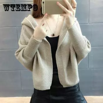 Вязаный кардиган, женский свитер, кардиган, короткое пальто, женский свободный свитер с капюшоном L