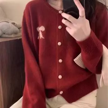 Вязаный кардиган, женский свитер, куртка в паре с новым весенним бантом в корейском стиле, мягкий и модный Вязаный One Size красный