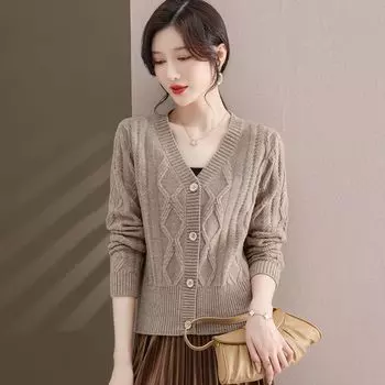 Вязаный кардиган, женский свитер, весна и осень 2023, корейская версия, с v-образным вырезом, однотонный кардиган, свитер, пальто, женский One Size фиолетовый
