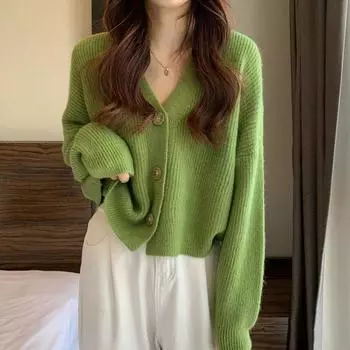 Вязаный кардиган, женский свободный свитер с v-образным вырезом и длинными рукавами, куртка в японском стиле, повседневный однотонный женский кардиган для колледжа One Size зелёный
