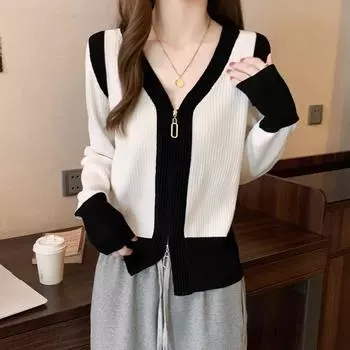 Вязаный кардиган женский топ весна большой размер модный омолаживающий свитер с длинными рукавами L чёрный