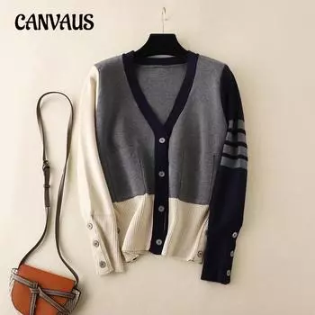 Вязаный кардиган, женский весенне-осенний свитер с длинными рукавами и v-образным вырезом с цветными блоками One Size серый