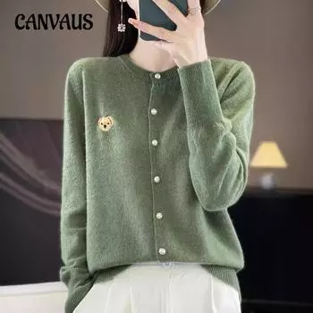 Вязаный кардиган женский вышитый круглый вырез свитер маленькая рубашка куртка осенние свободные маленькие ароматные топы M бежевый