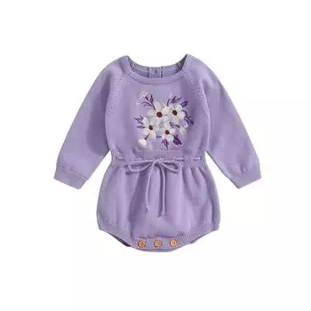 Вязаный комбинезон для маленьких девочек 6 м, 12 м, 18 м, 24 м, комбинезон с цветочной вышивкой, круглым вырезом и длинными рукавами, с завязкой на талии 18-24 Months синий