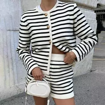 Вязаный комплект из 2 предметов в полоску, шорты, женский модный кардиган с принтом зебры и лоскутные шорты с высокой талией, комплекты трикотажной одежды S белый